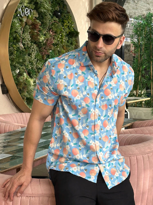 "Honey Bee Floral" Blue Rayon Shirt